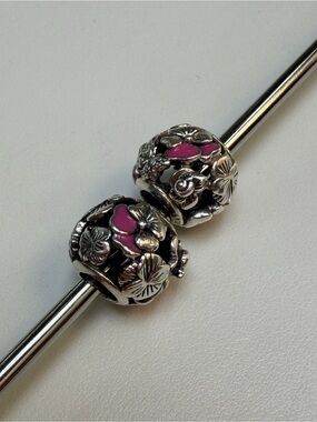 Pandora Garden Whimsy Silver Floral Charm Beads with Pink Enamel Accents